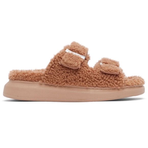 New Alexander McQueen double buckle brown shearling slides main image 10